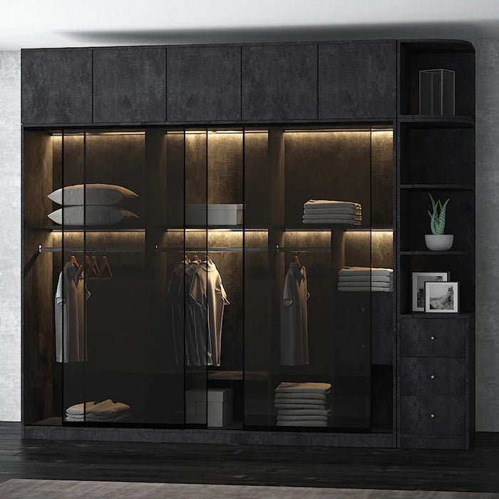 Luxury Minimal Glass Door Wardrobe Sensor Light Sliding Door Bedroom Modern Simple Sliding Door Integrated Wardrobe