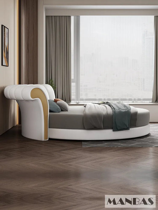 Upgrade Your Sleeping Experience with Linlamlim Round Leather Bed Frame Italian Genuine Leather Double Beds Lit 2 Personnes