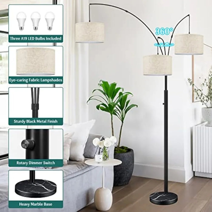 Modern Dimmable Floor Lamp with Adjustable Hanging Fabric Shades, 3-Light Arc Tall Standing  Lamp, 3 LED Bulbs Included