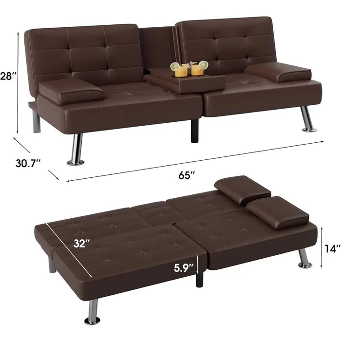 Futon Sofa Bed Modern Faux Leather Couch,Convertible Folding Futon Couch Recliner Lounge with 2 Cup Holders with Armrest (Brown)
