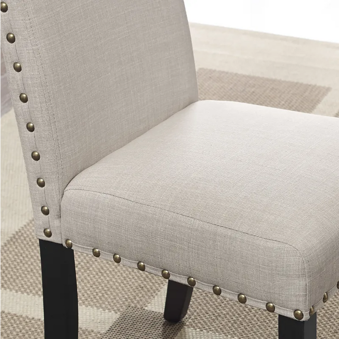 Roundhill Furniture Biony Espresso Wood Dining Table with 4 Tan Fabric Nailhead Chairs, 30.75" Table Height