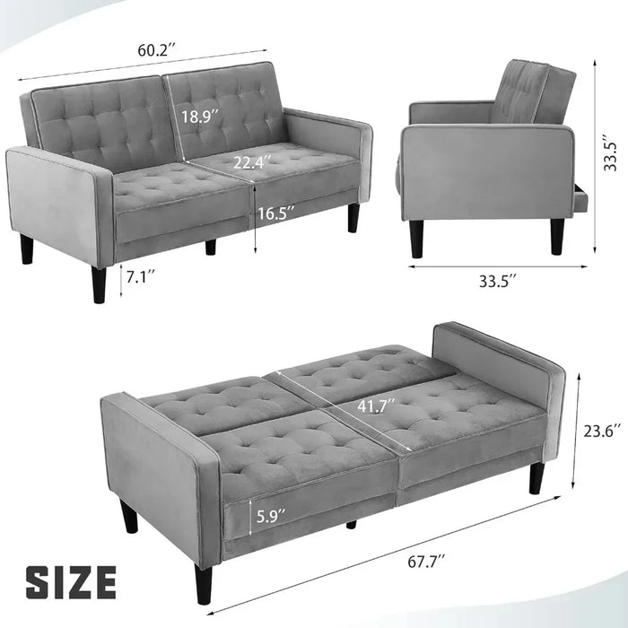 loveseat Couch, Mid-Century Velvet Upholstered Futon Sofa Bed, Fold Up/Down Adjustable Sleeper Sofa for Living Room, Apartment