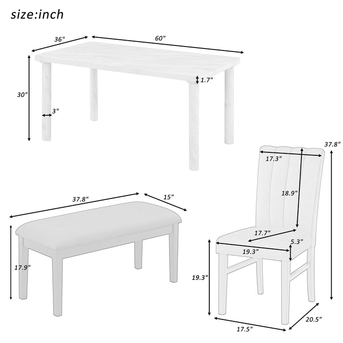 6-Piece Dining Table Set with Marble Veneer Table and 4 Flannelette Upholstered Dining Chairs & Bench