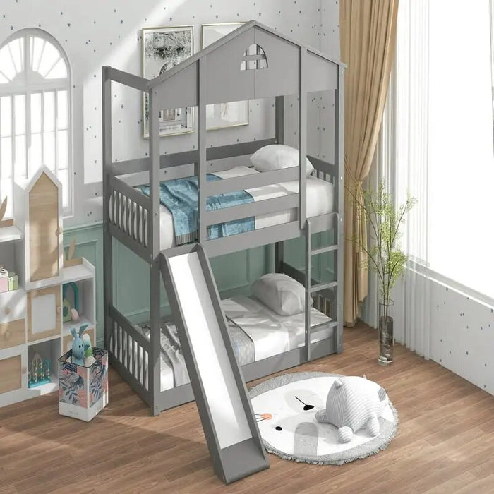 over Twin House Bunk Bed with Convertible Slide and Ladder for Kids Bedroom, Solid Wood House-Shaped Bed for More Children, Divi