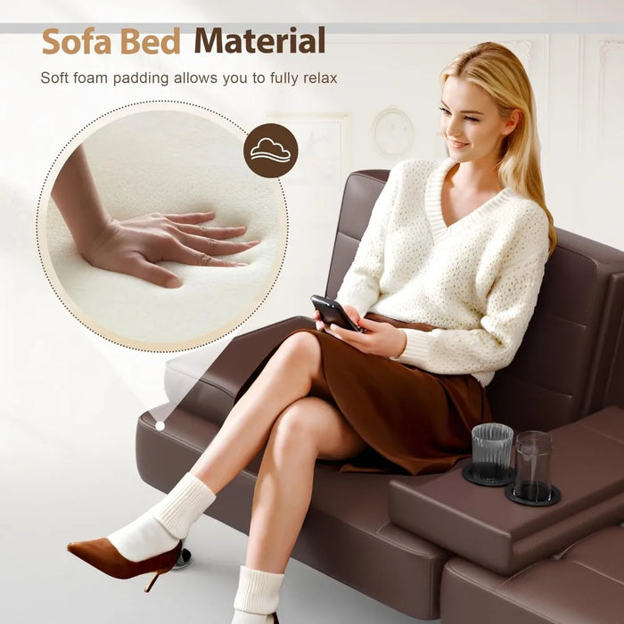 Metal Legs Sofa Cup Holders Futon Sofa Bed Sleeper Couch for Living Room Faux Leather Upholstered Loveseat W/Removable Armrests