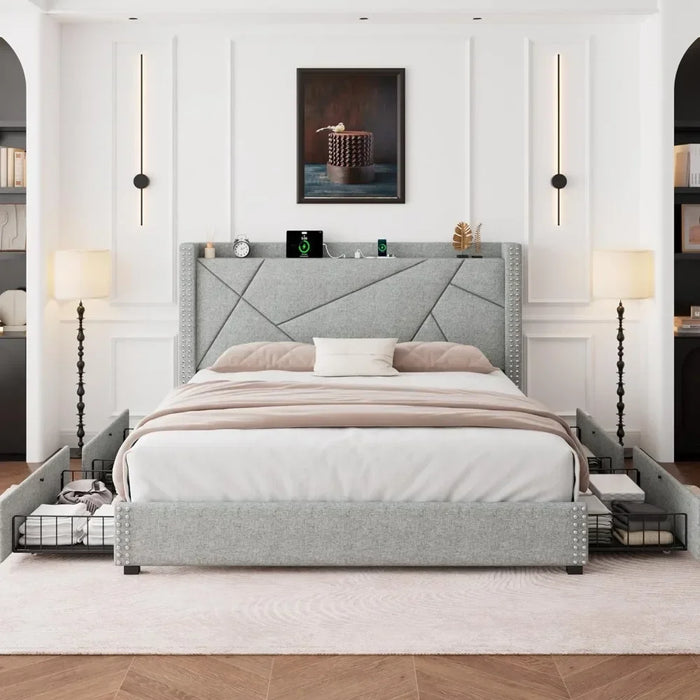 Bed frame with 4 storage drawers, upholstered platform bed frame, solid wood slats support, no need for box spring platform bed