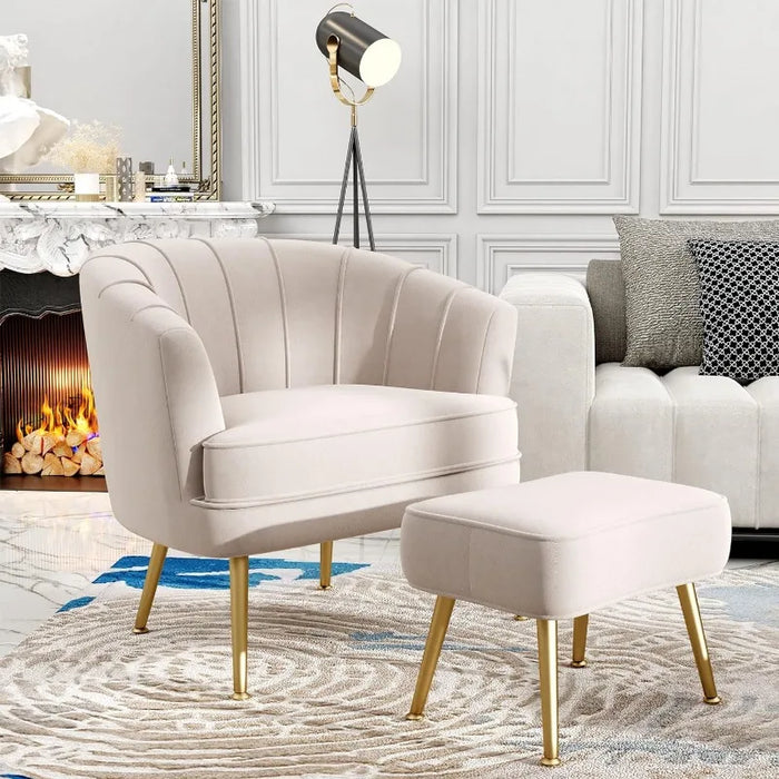 Andeworld Velvet Accent Chair with Ottoman, Upholstered Modern Single Sofa Side Chair,Comfy Barrel Club Living Room Armchair w