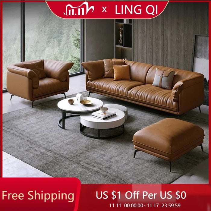 Modern Minimalist Living Room Leather Sofa Luxury 3 Seater Furniture Set Combination Designer Canape Salon Living Room Furniture