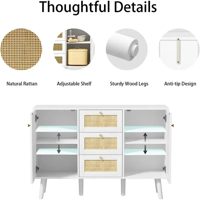 White Buffet Cabinet Living Room Rattan Door Sideboard Kitchen Cabinet With Drawers and Shelves Cabinets Locker Display
