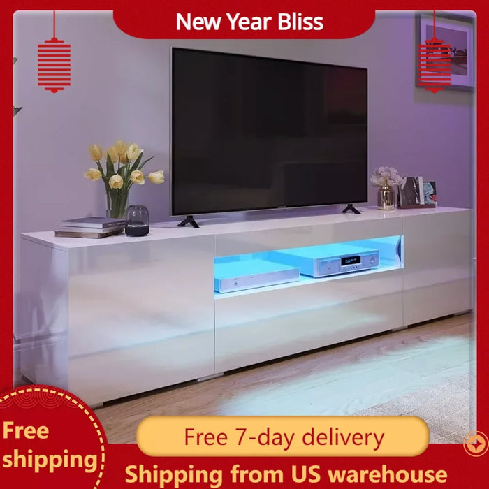 Modern LED TV Bracket ,Entertainment Center with Large Storage Drawers,High Gloss Front Wood TV Cabinet Media Console, 75 Inches