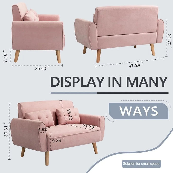 living room sofas 47" Loveseat Wood Sofa with High-Density Sponge Cushion, Mid-Century Modern Design,Pink couch sofas