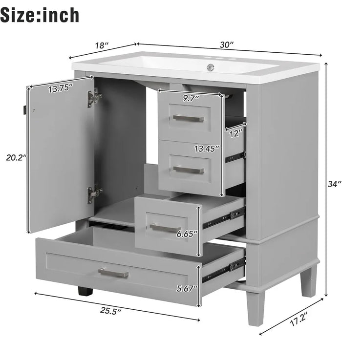 Merax 30 Inch Bathroom Vanity with Sink Top Combo, Modern Cabinet with Soft Closing Door & 3 Storage Drawers, Grey