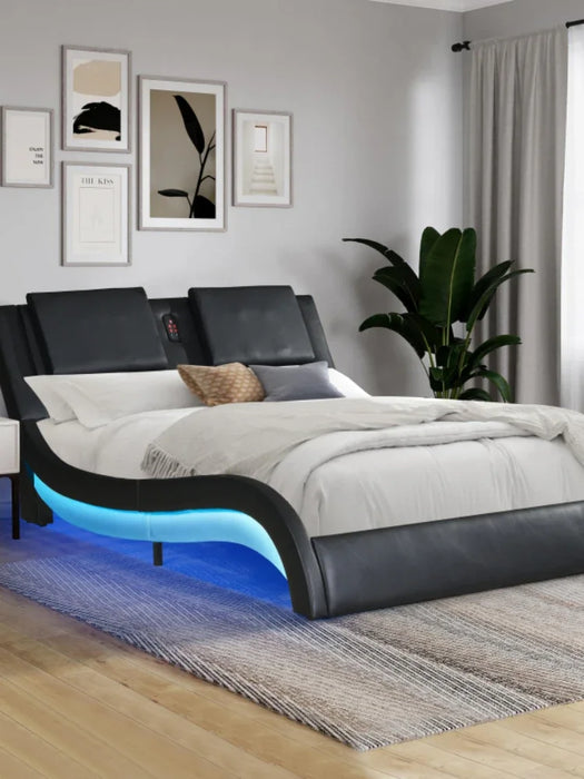 Leather Upholstered Platform Bed Frame with led lighting ,Bluetooth connection to play music /RGB control