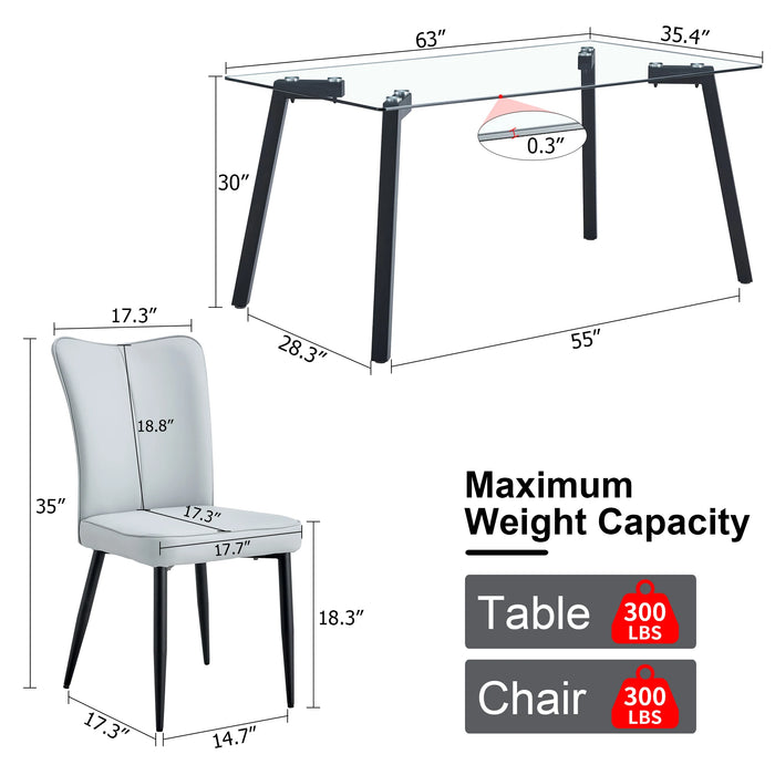 5 Pieces Table and chair Set with One Table and 4 PU Chairs,Glass Dining Table