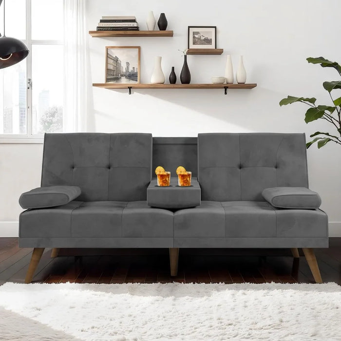 Futon Couch Sofa Bed Convertible Small Loveseat Sleeper with Cup Holder&Wood Legs&Removable Armrests,Small Spaces,Living Room