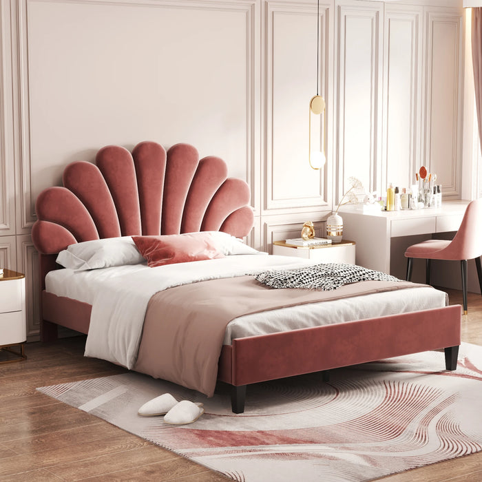 [Flash Sale]Queen/Full Size Upholstered Platform Bed with Flower Pattern Velvet Headboard Beige/Bean Paste Red[US-W]