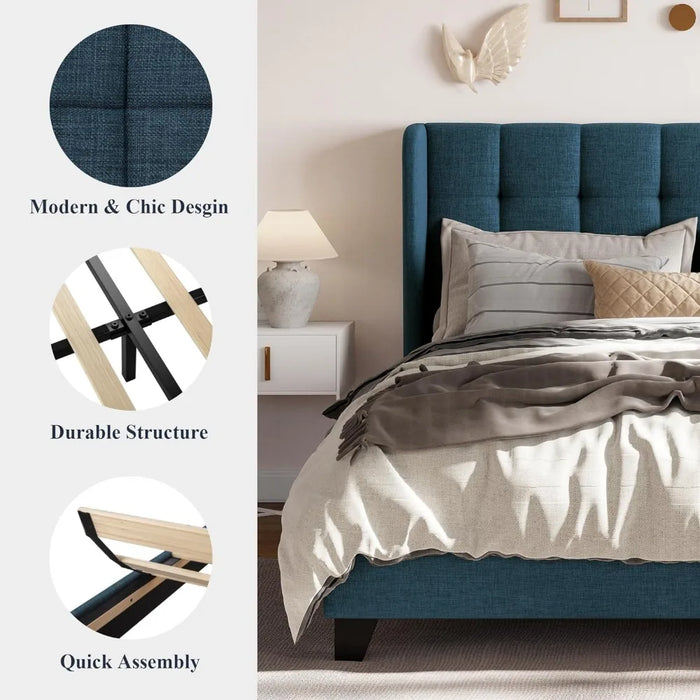 Queen Size Platform Bed Frame with Wingback, Fabric Upholstered Square Stitched Headboard and Wooden Slats