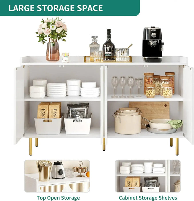 55'' Modern Sideboard Buffet Kitchen Storage Cabinet w/ Carved Design Doors, Coffee Bar Hutch Cabinet 300 lbs Capacity,White