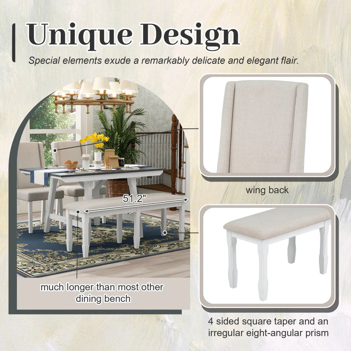 6-Piece Dining Table Set, Rectangular Extendable Dining Table with 2 Removable Leaves and 4 Chairs and 1 Bench,Gray/White