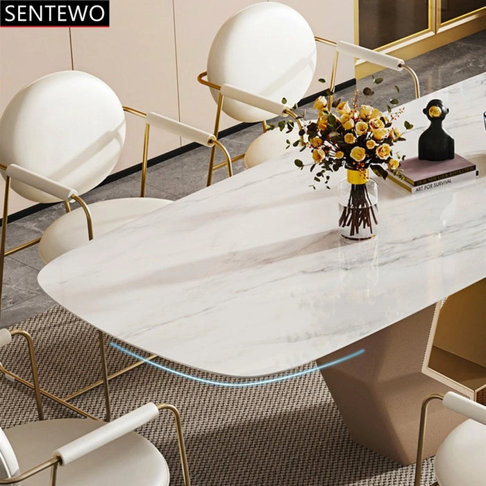 Luxury Rock Slab Dining Room Table 8 Chairs Set Stainless Steel Gold Frame Faux Marble Table Furniture Mesa Comedor Y Sillas