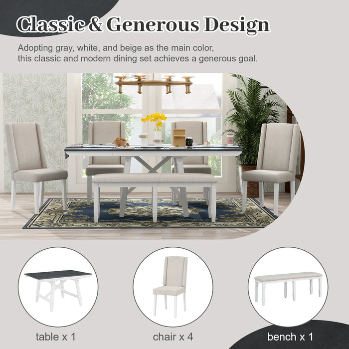 6-Piece Dining Table Set, Rectangular Extendable Dining Table with 2 Removable Leaves and 4 Chairs and 1 Bench,Gray/White