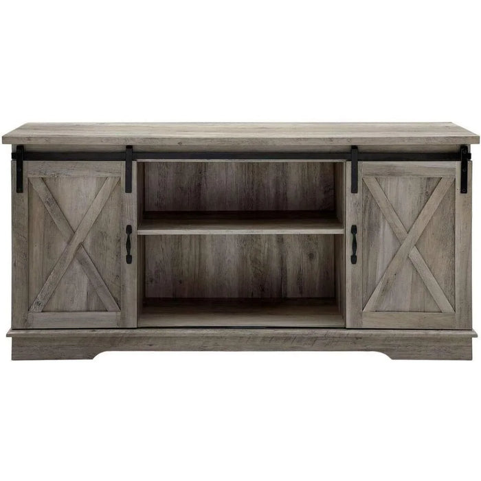 Modern farmhouse sliding barn door TV bracket, suitable for TVs under 65 inches, gray living room storage cabinet TV cabinet