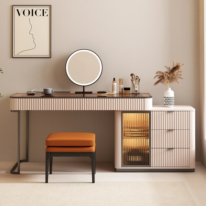 Italian Minimalist Computer Desk and Dressing Table Combo with Mirror, Luxurious and Expandable with Cabinets, Corner Bookshelf