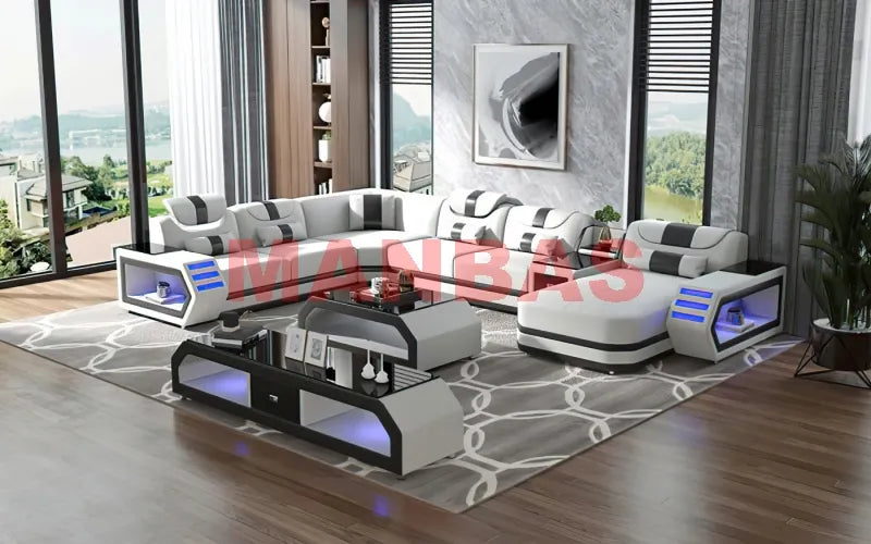 MANBAS Italian Genuine Leather Sectional Sofa with LED Lights | Futuristic Furniture U Shape Couch Living Room Big Sofas Set