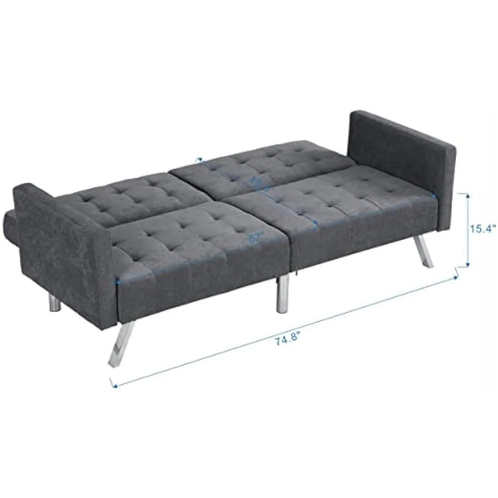 Convertible Folding Futon Sofa Bed Sleeper Lounge Couch for Living Linen Upholstered Loveseat with Armrest, Dark Gray