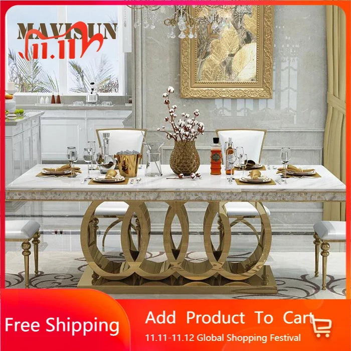 Post-Modern Marble Top-Grade Dining Table And Chairs Combination Stainless Steel Top Crown Apartment Golden Carved Furniture