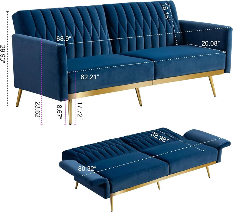 70" Velvet Convertible Futon Sofa Bed, Mid Century Modern Decor, Tufted Loveseat Couch Sleeper Futon Sofa with Adjustable