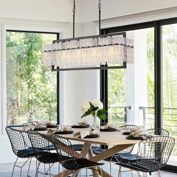 Modern Large Rectangle Chandeliers for Dining Room, 4 Lights Black Crystal Kitchen Island Lighting with Water Ripple Glass,