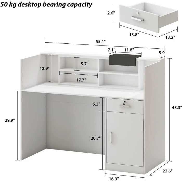 AIEGLE Reception Counter Desk with Adjustable Shelf & Lockable Drawersfor Salon Reception Room Checkout Office, White