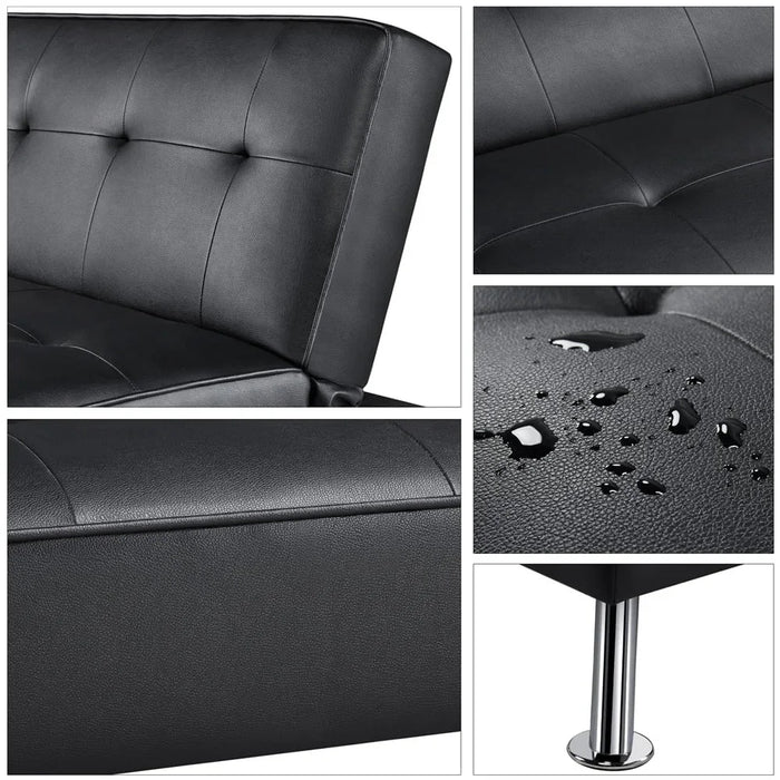 2023 New Easyfashion Convertible Black Faux Leather Futon Sofa Bed, Black