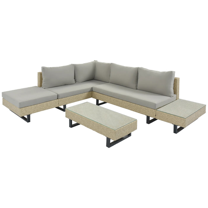 3-piece Outdoor Wicker Sofa Patio Furniture Set, L-shaped Corner Sofa, Water And UV Protected Two Glass Table Adjustable Feet