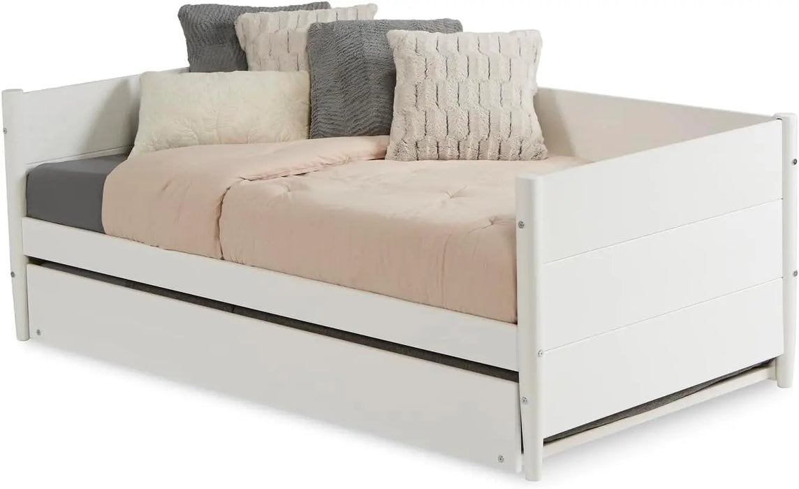 Mid-Century Modern Daybed-Trundle Set/Solid Wood/Panel Headboard/Mattress Foundation has 14 Wood Slats & Center Support