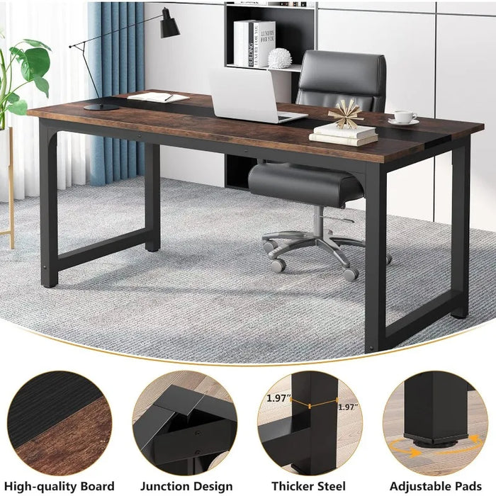 70.8”Executive Desk, Large Office Computer Desk with Thicken Frame, Rustic Brown/Black