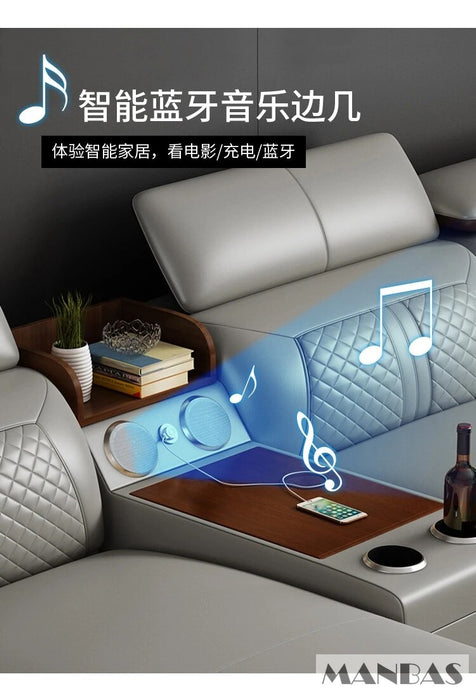 Premium Italian Leather Couch Set with Cup Holder, USB, Adjustable Headrests & Bluetooth Speaker - MINGDIBAO Living Room Sofas