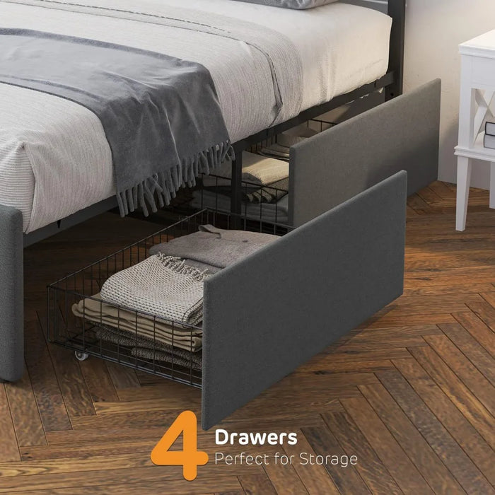 Bedframe, storage space with headboard and 4 drawers, button cushioned mattress base with wooden support, springless, bed frame