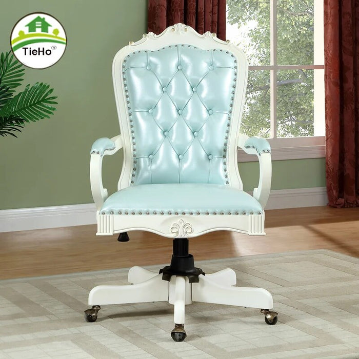 American Style Genuine Leather Lifting Chair Swivel Solid Wood Vintage Computer Chair Adjustable Office Chairs Home Furniture