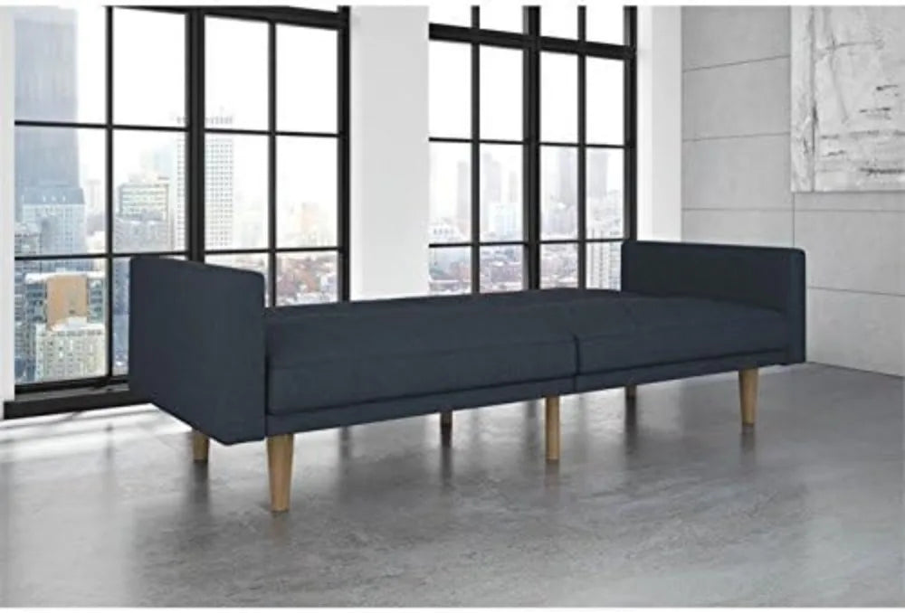 Convertible Futon Couch Bed with Linen Upholstery and Wood Legs - Navy Blue, Modern/Contemporary