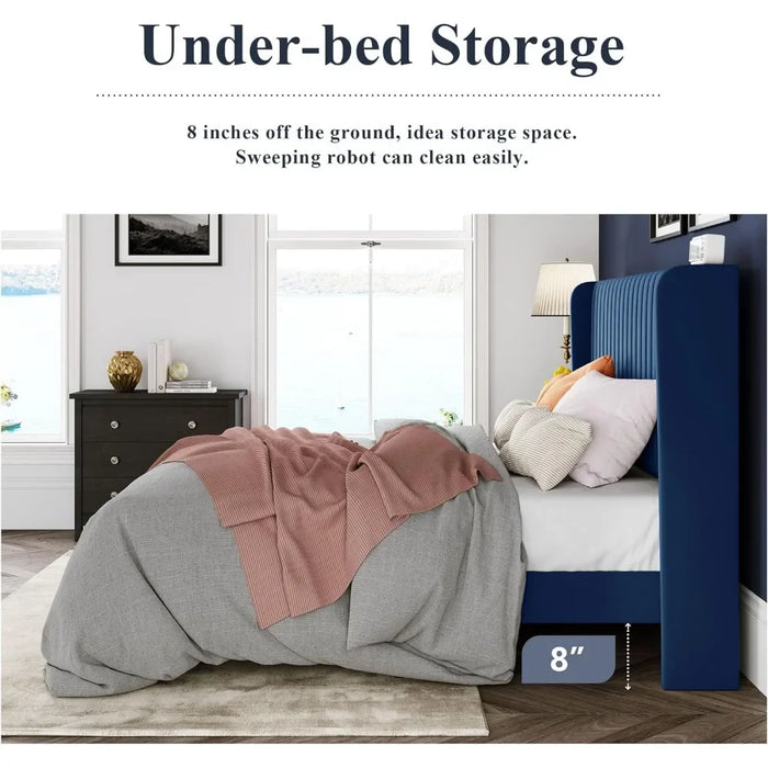 Bed FrameFull-size velvet Bed Frame, vertical groove tufted wingback headboard, sturdy wood slats, blue, upholstered platform be