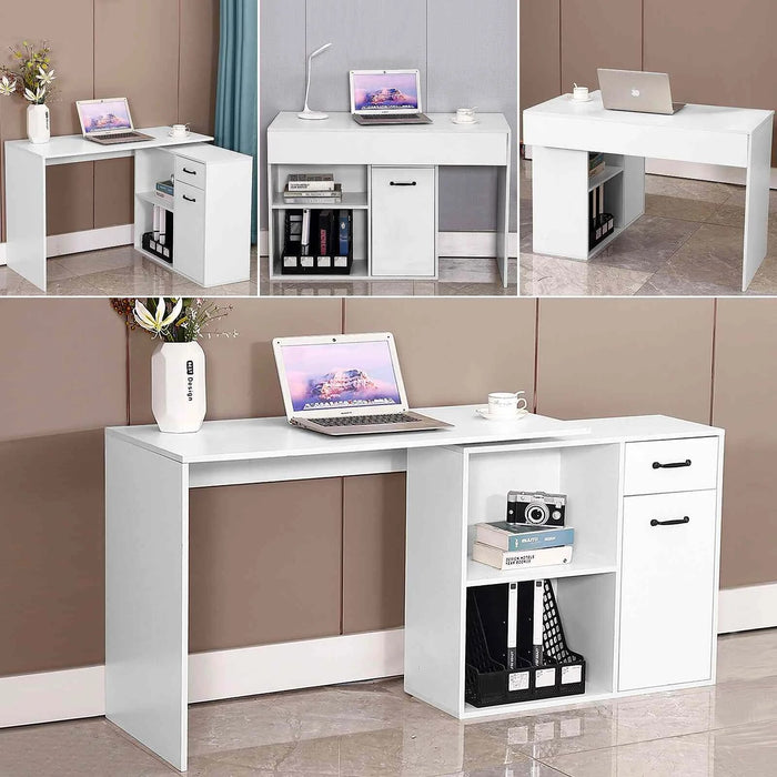 68 inch L-Shaped Rotating Computer Desk with Storage Shelves Modern Executive Corner Office Desk with 2 Drawers and File Cabinet