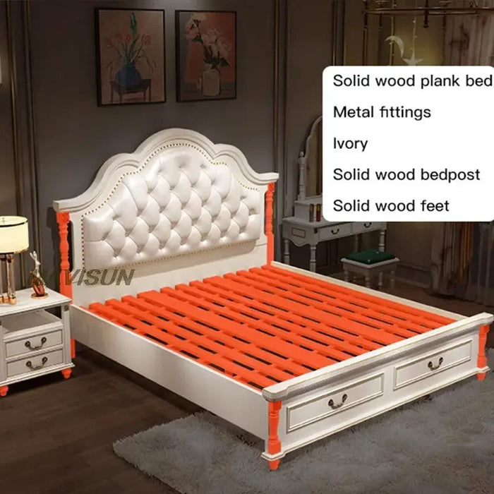 American Solid Wood Bed Double Wardrobe Dressing Table Bedroom Furniture Set Modern Simple Leather Bedside European Style Bed