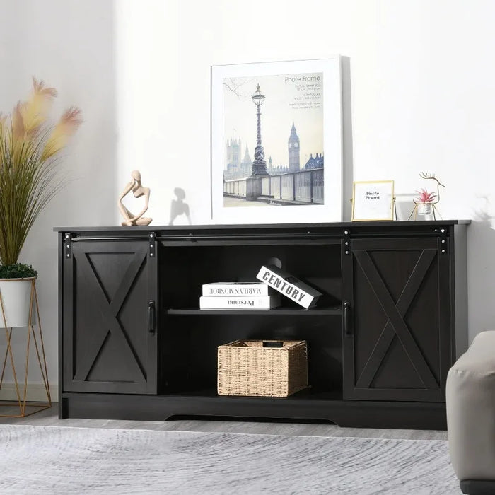 Coffee Bar Cabinet, 59" Sideboard Buffet Cabinet ，Sliding Barn Doors Black Buffet Serving Table Cupboard for Dinning Room