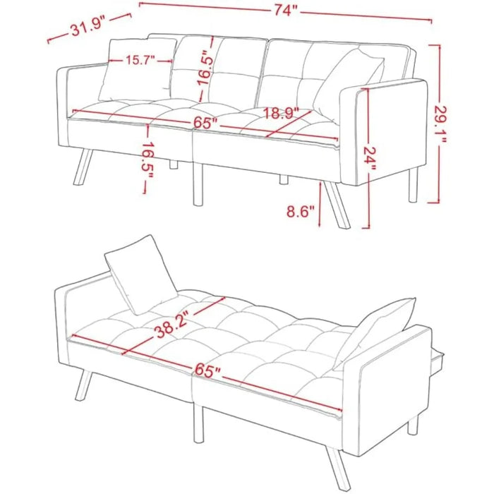 Modern Tuft Futon Couch Convertible Loveseat Sleeper Reclining Sofa Bed Twin Size with Arms and 2 Pillows for Living Room, Black