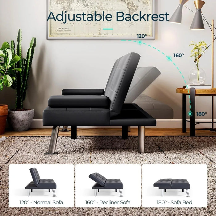 Futon Sofa Bed, Faux Leather Sleeper Sofa with Mattress and Frame, Convertible Futon Couch for Living Room, Black