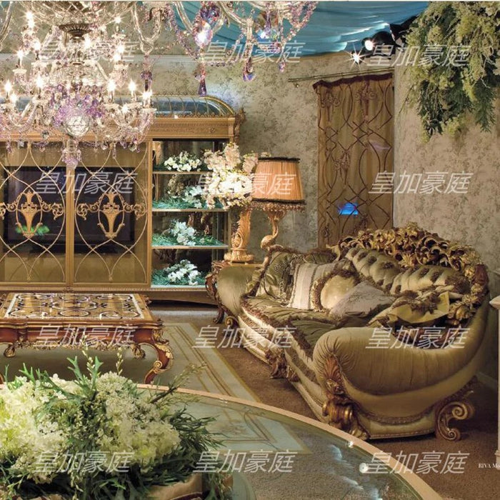 Modern Luxury European Style Hand Carved Solid Wood Sofa Set with Fabric Upholstery for Living Room and Villa Lounge Couch