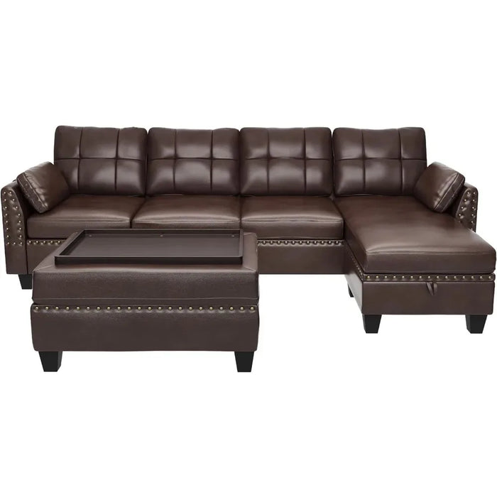 Brown Leather Sectional Sofa with Ottoman - Easy Assembly, Storage Space