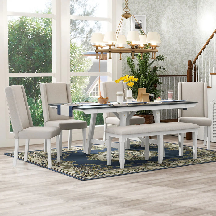 6-Piece Dining Table Set, Rectangular Extendable Dining Table with 2 Removable Leaves and 4 Chairs and 1 Bench,Gray/White